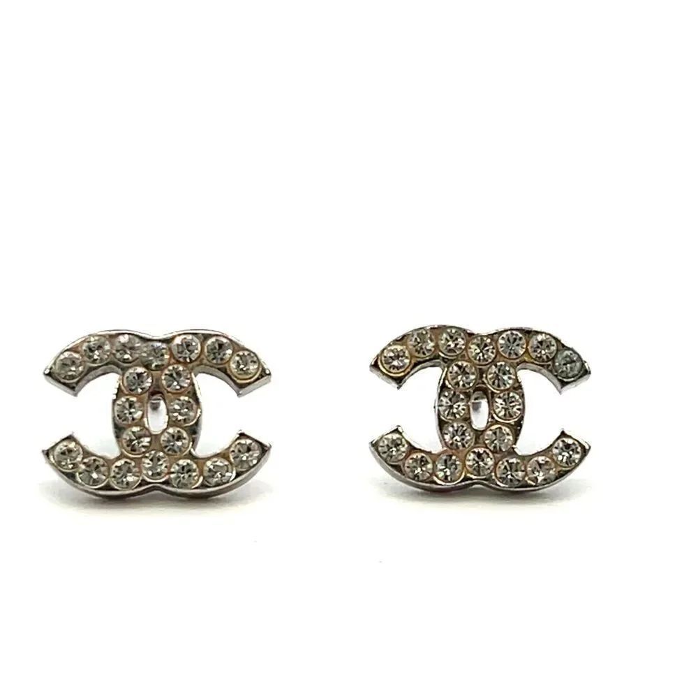 CHANEL CC Logos Rhinestone Stud Earrings Silver Tone